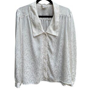 Lloyd Williams Vintage 70s Jacquard White Long Sleeve Button Portrait Blouse 14